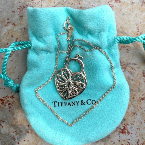 Tiffany & Co. Retired Silver Filigree Heart and Key pendant Necklace